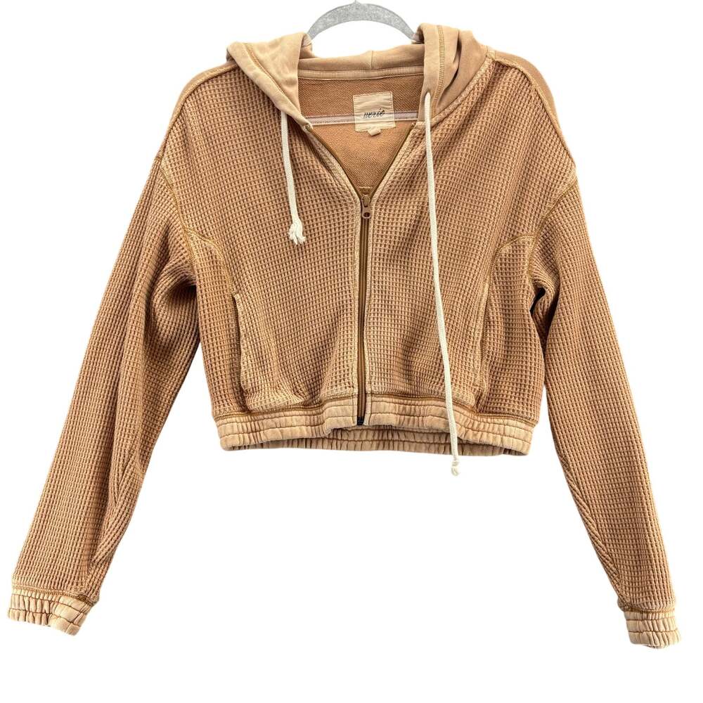 Aerie Womens XS Tan Waffle Knit Cropped Zip Up Hoodie Boho Coastal Athleisure